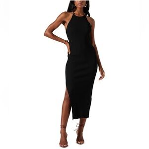 Astr Black Ribbed Halter Dress with Beaded Details and Side Slit